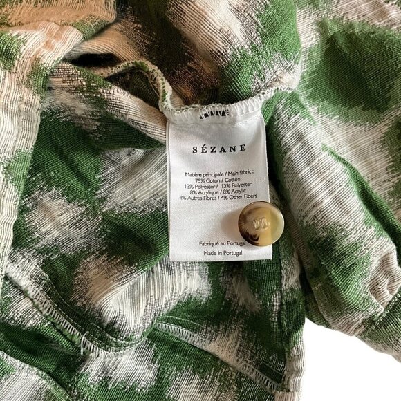 Sezane Ezecquiel Blouse Green Ikat Size EU 34 Ruffles 1/2 Sleeve Buttons Womens - Picture 10 of 11